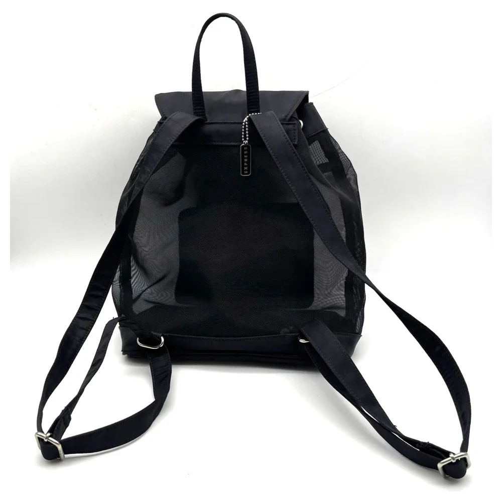 Vintage 00s Y2K EXPRESS Black Nylon See-through Mesh Drawstring Backpack 13x11
